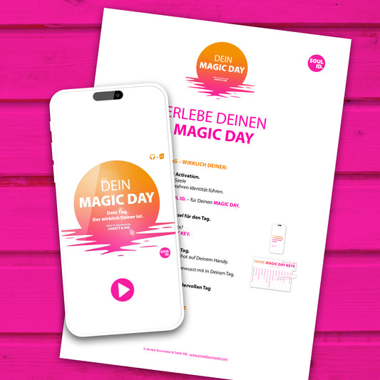 Smartphone mit MAGIC DAY Audio-Activation und Anleitung für den Start in den eigenen Tag aus der wahren Identität.